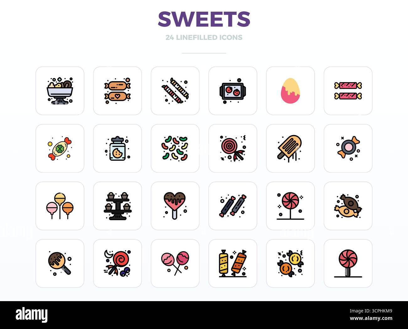 Pacchetto essenziale di icone vettoriali perfette da 24 PIXEL per dolci in formato LineFill, dimensioni 128x128 per prestazioni e scalabilità ottimali. Illustrazione Vettoriale