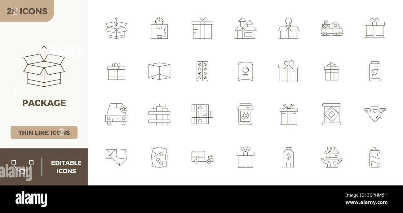 Un set dinamico di 28 icone vettoriali in Minimal Line, personalizzato per il pacchetto con 128x128 PIXEL DI qualità perfetta, adatto per i prodotti digitali. Illustrazione Vettoriale