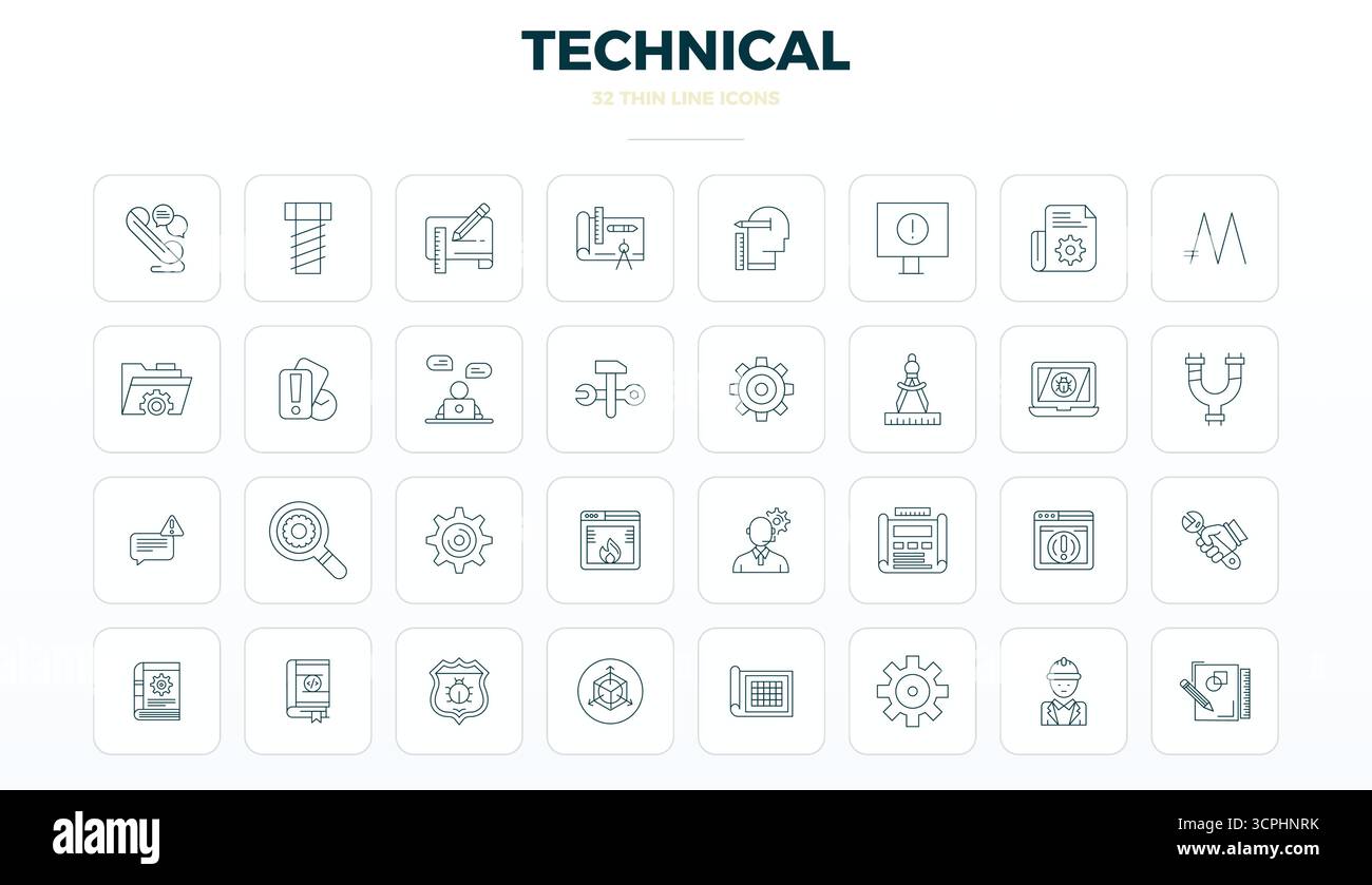 Collezione contemporanea di 32 icone vettoriali che rappresentano l'estetica Technical in Thin Outline, con risoluzione perfetta di 128 x 128 PIXEL per applicazioni moderne Illustrazione Vettoriale
