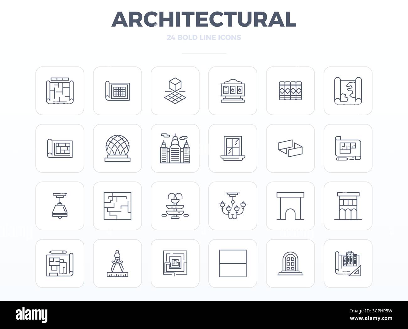 Un set dinamico di 24 icone vettoriali in strong Outline, personalizzato per architettura con 128x128 PIXEL, qualità perfetta per i prodotti digitali. Illustrazione Vettoriale