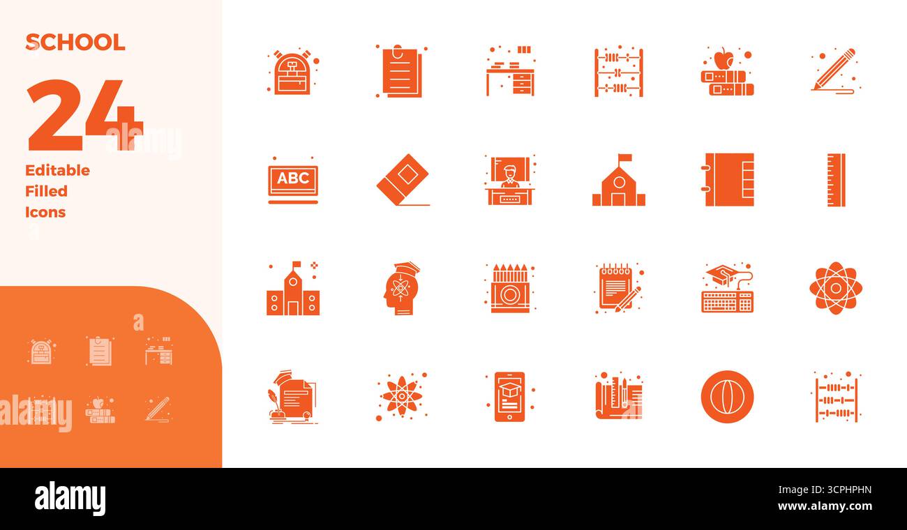 Eccezionale raccolta di 24 icone vettoriali riempite di glifo per la scuola, disponibile in risoluzione perfetta da 128 x 128 PIXEL per un'eccellenza visiva senza precedenti e Illustrazione Vettoriale