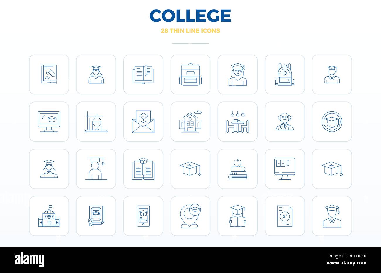 Raccolta avanzata di icone vettoriali perfette da 28 PIXEL ispirate a College, realizzate in Thin Outline con ottimizzazione 128x128 per un'eccellente visibilità visiva Illustrazione Vettoriale