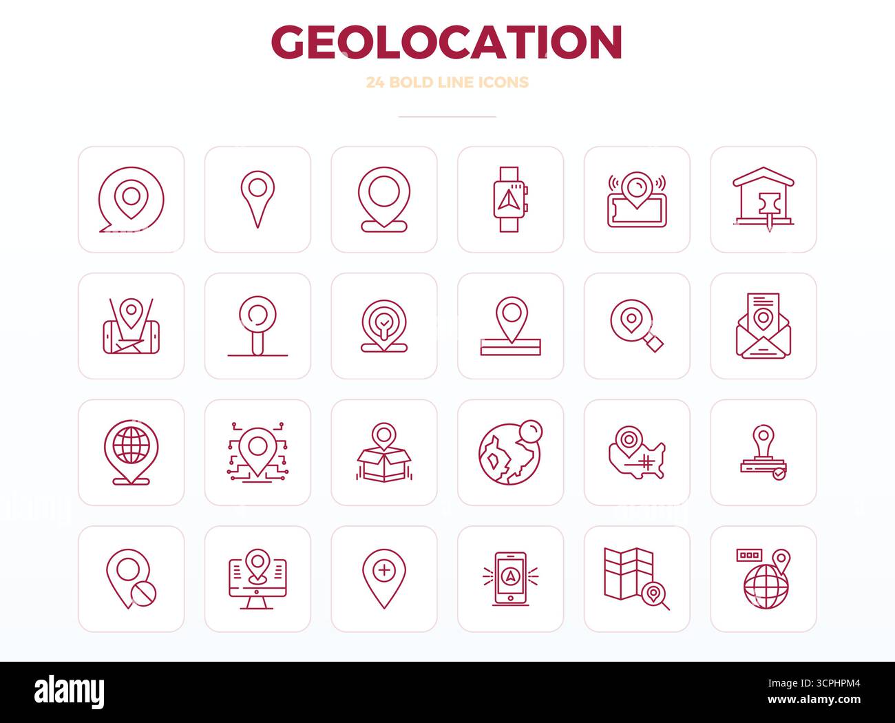 Raccolta avanzata di icone vettoriali perfette da 24 PIXEL ispirate alla geolocalizzazione, realizzate in strong Outline con ottimizzazione 128x128 per una visualizzazione superiore Illustrazione Vettoriale