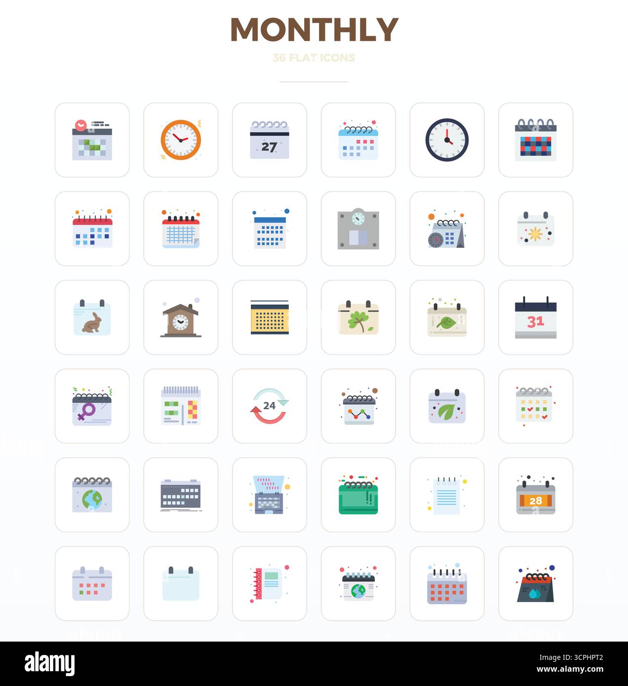 Confezione vettoriale con 36 icone minime Flat PIXEL Perfect ispirate al mensile, con risoluzione 128x128, ideale per lavori di progettazione scalabili e creativi. Illustrazione Vettoriale