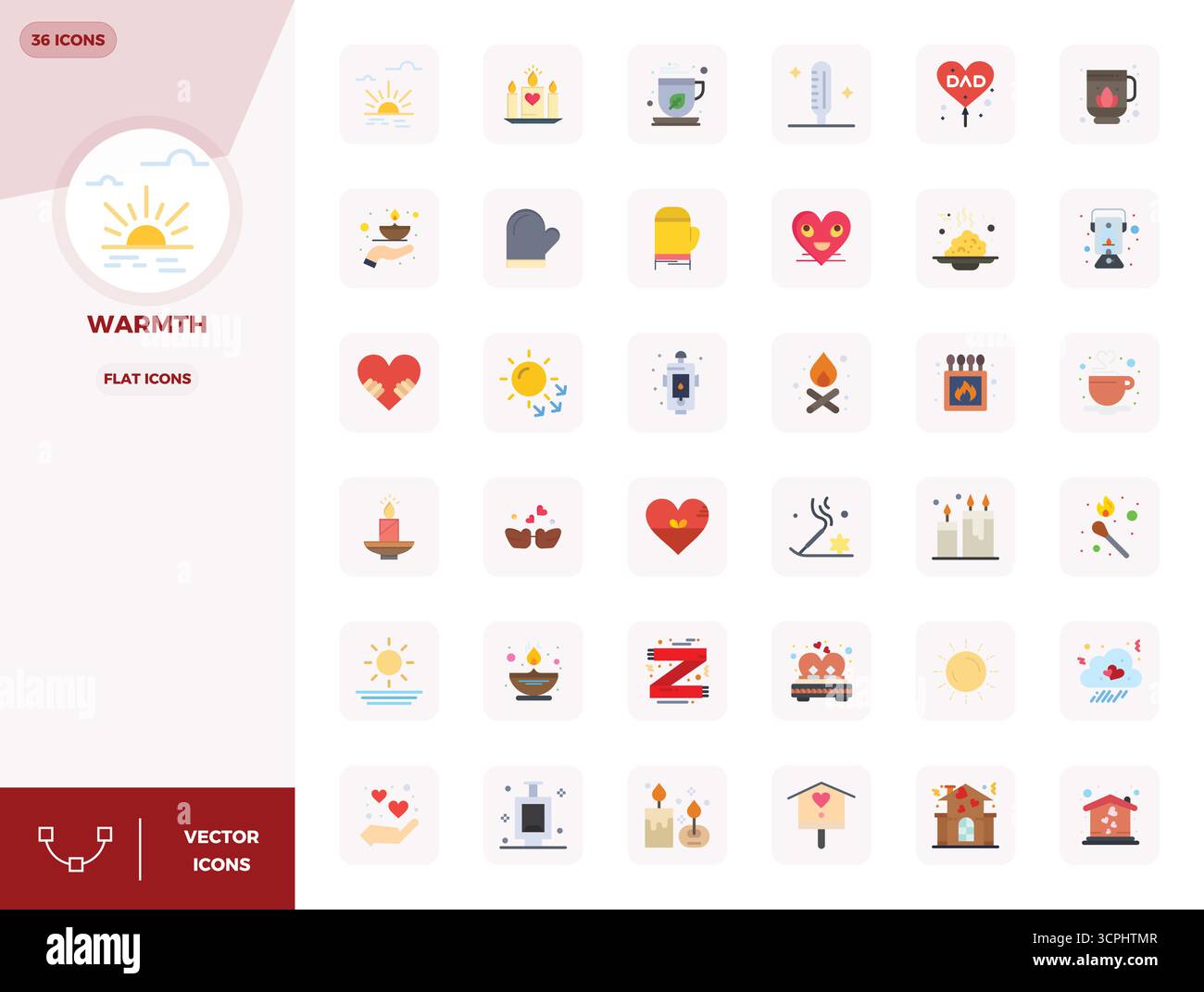 Una raccolta pulita di 36 icone vettoriali piatte che rappresentano il calore, progettate in formato da 128x128 PIXEL perfetto per dashboard e interfacce moderne. Illustrazione Vettoriale