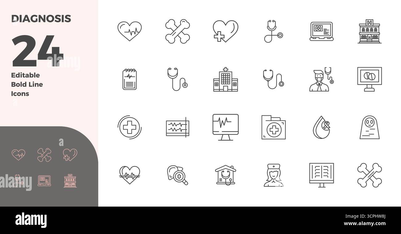 Icone vettoriali perfette da 24 PIXEL progettate in modo intelligente ispirate alla diagnosi, create in formato Bold Line a 128x128 per un lavoro di progettazione intelligente ed efficiente Illustrazione Vettoriale