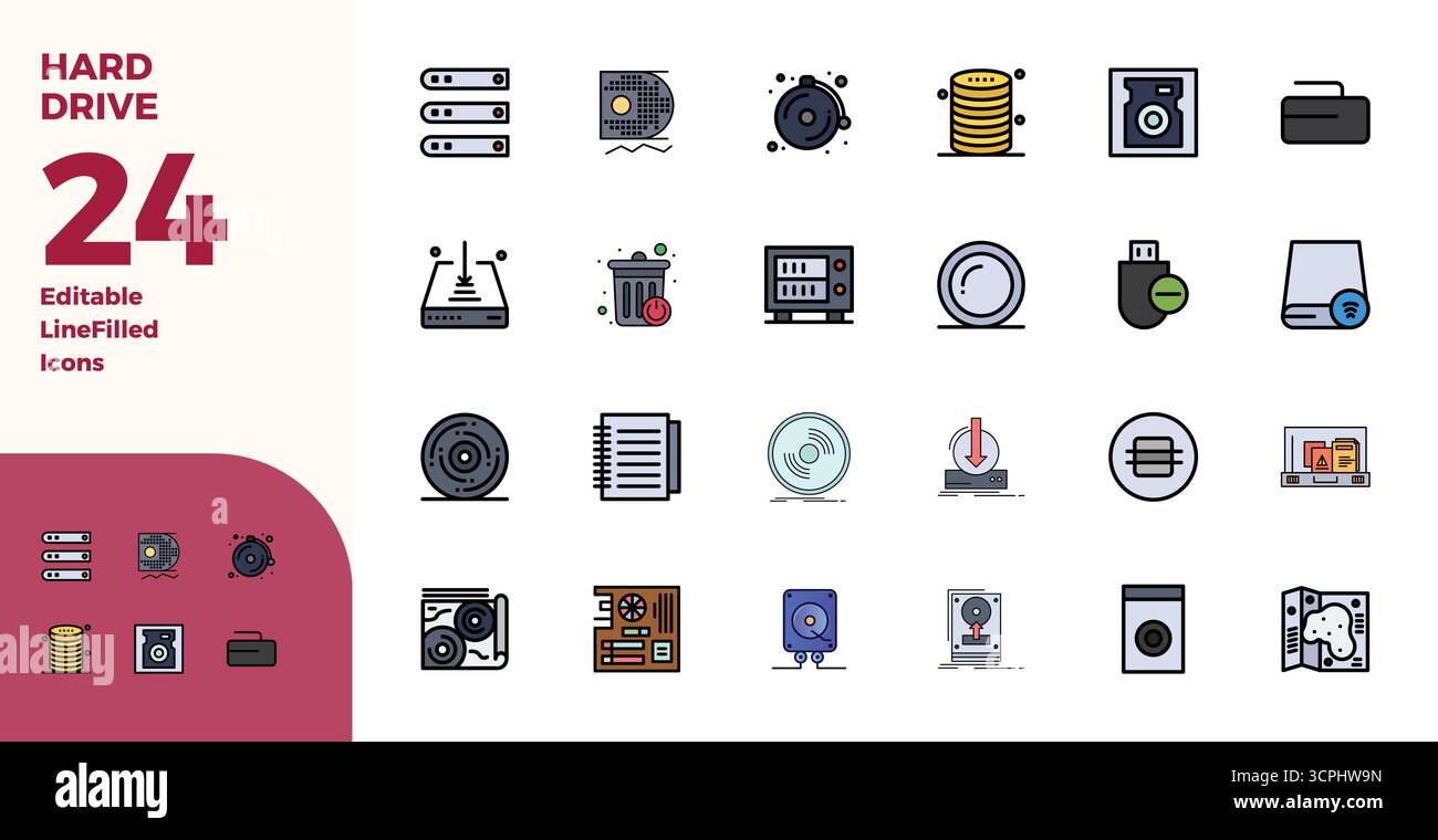 Questo set di 24 icone vettoriali Duotone cattura i temi dei dischi rigidi con una qualità perfetta di 128 x 128 PIXEL, perfetta per applicazioni tecnologiche e aziendali. Illustrazione Vettoriale