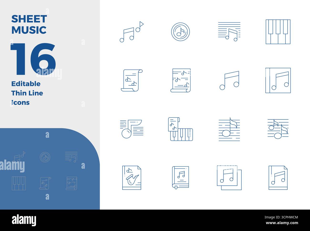Collezione realizzata a mano con 16 icone vettoriali Thin Line per Spartiti musicali, ottimizzata in 128 x 128 PIXEL, risoluzione perfetta per esperienze digitali di livello superiore Illustrazione Vettoriale