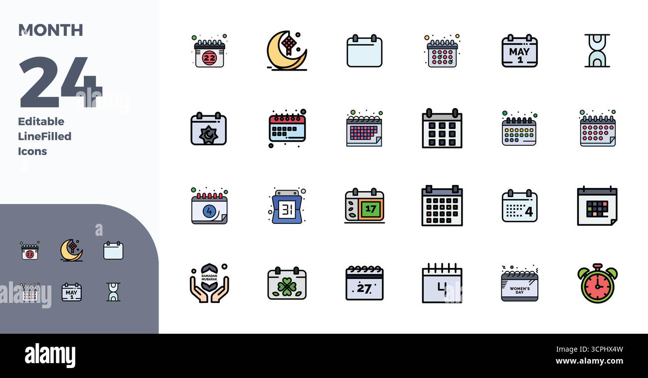 Sblocca 24 icone vettoriali Duotone PIXEL Perfect ispirate al mese, ottimizzate in formato 128x128 per una visualizzazione impeccabile su tutti i dispositivi. Illustrazione Vettoriale