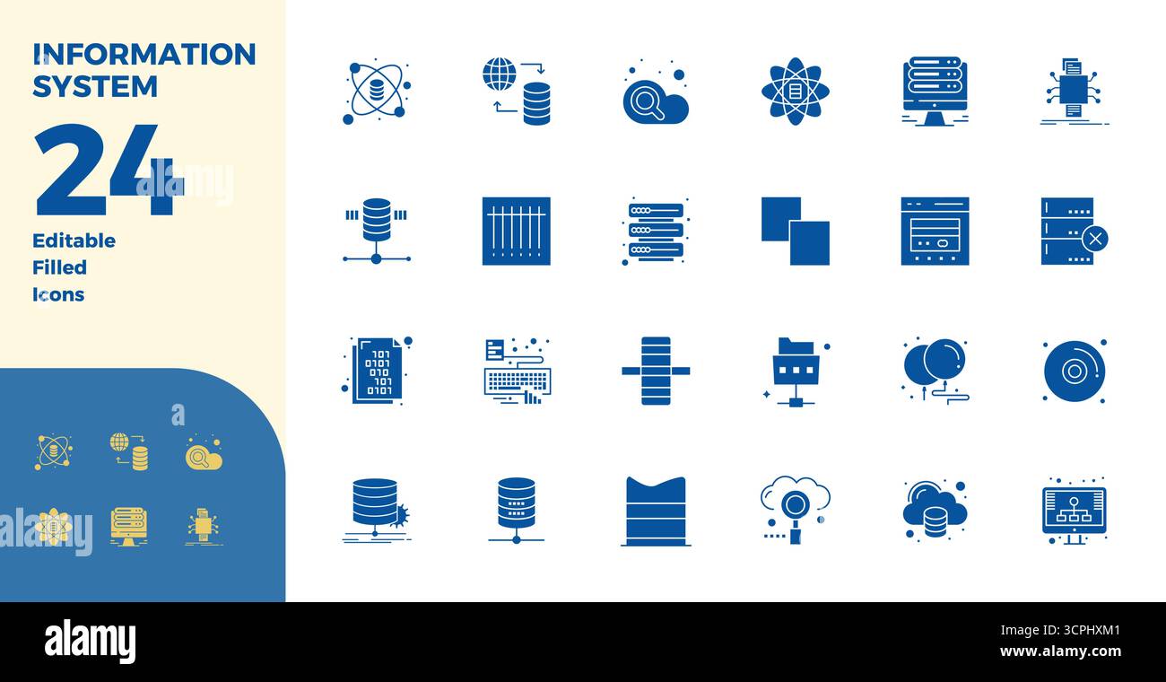 Pacchetto vettoriale con icone perfette da 24 glifi ispirate al sistema informativo, con risoluzione 128 x 128, ideale per applicazioni scalabili e creative Illustrazione Vettoriale