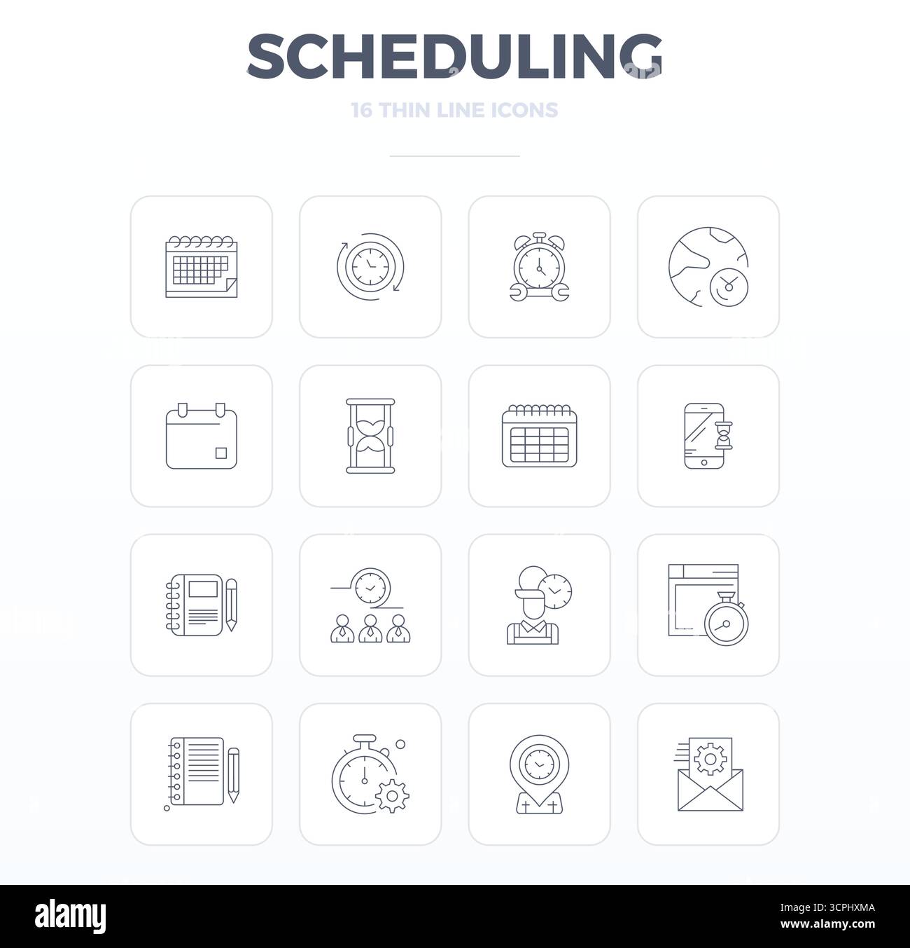 Collezione premium di 16 icone vettoriali Thin Outline per la pianificazione, meticolosamente realizzate in 128 x 128 PIXEL con risoluzione perfetta per un impatto visivo superiore Illustrazione Vettoriale