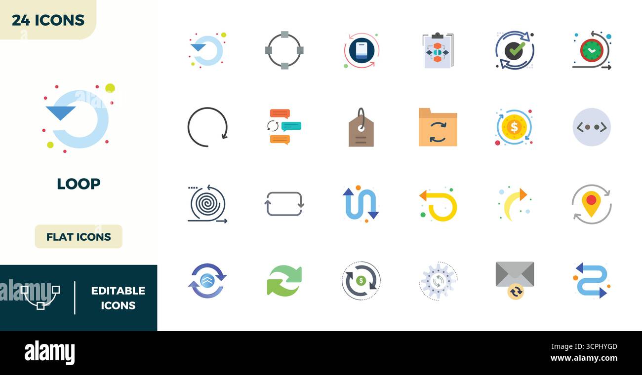24 icone vettoriali Flat Color per Loop, realizzate meticolosamente, con una qualità perfetta di 128x128 PIXEL per standard di progettazione senza compromessi. Illustrazione Vettoriale