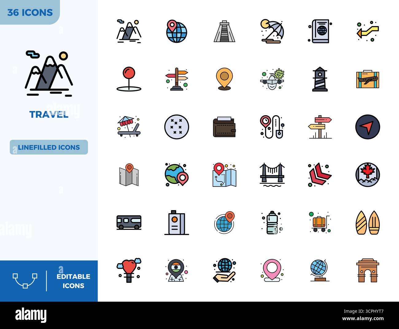 Confezione esclusiva di icone vettoriali perfette da 36 PIXEL ispirate a Travel, realizzate in formato Flat Lineal Color da 128 x 128 per esperienze memorabili del marchio. Illustrazione Vettoriale