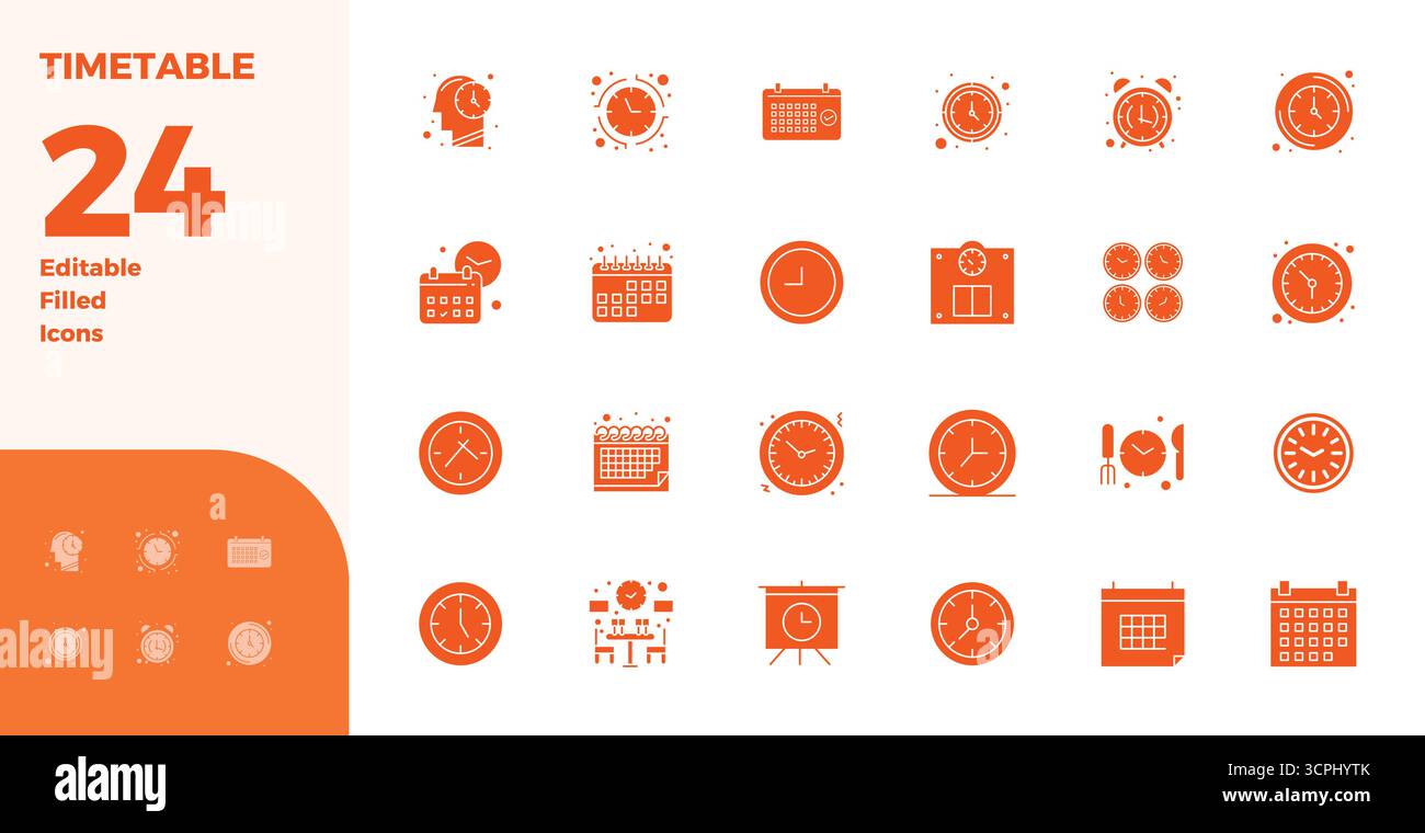 Collezione esclusiva di 24 icone vettoriali riempite di glifo per il calendario, sviluppata con risoluzione perfetta da 128 x 128 PIXEL per esperienze di marca di livello premium. Illustrazione Vettoriale