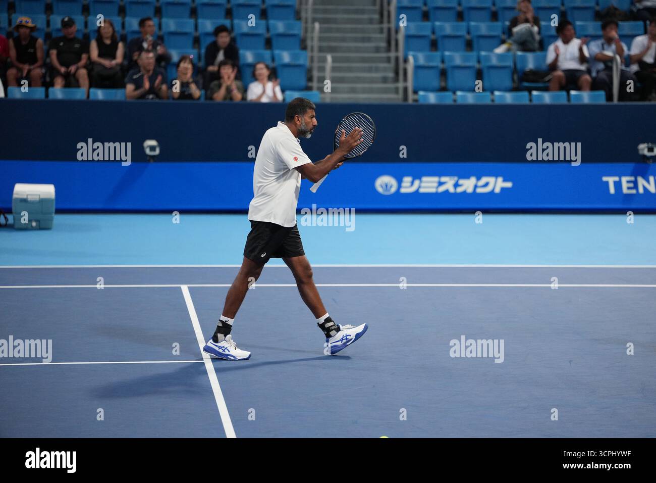 Tokyo, Giappone. 26 settembre 2025. La coppia indiana Rohan Bopanna e Takeru Yuzuki hanno vinto a gagainst l'argentino Maximo Gonzalez e Andres Molteni nel secondo turno di doppio maschile dell'ATP500 Kinoshita Group Japan Open Tennis Championships 2025. Credito: Ranjith Kumar/Alamy Live News Foto Stock