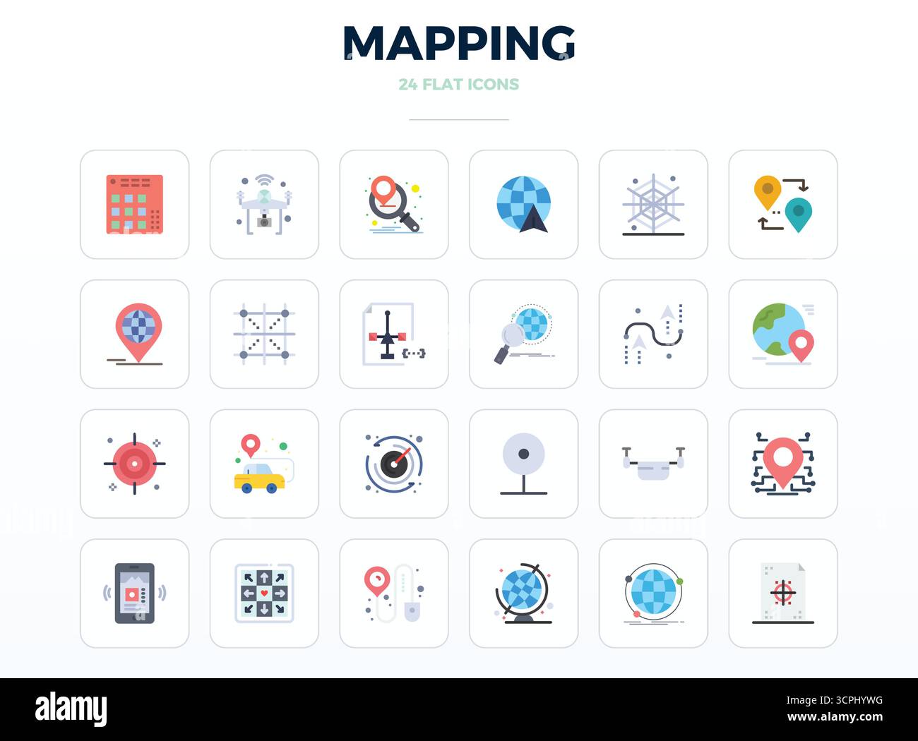 Raccolta di 24 icone vettoriali che rappresentano la mappatura in un'estetica minimale piatta, ottimizzata con 128x128 PIXEL risoluzione perfetta per la massima imp Illustrazione Vettoriale