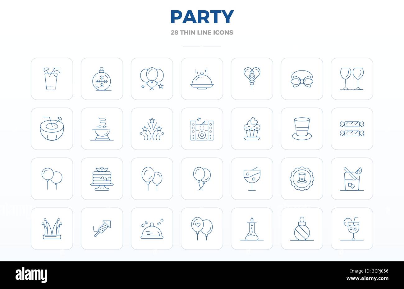 Scarica 28 icone vettoriali Thin Outline scalabili progettate per Party, con risoluzione PIXEL Perfect 128 x 128, adatte per la p professionale e creativa Illustrazione Vettoriale