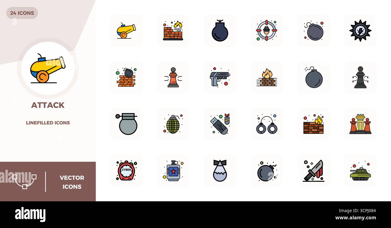 Pacchetto strategico con 24 icone vettoriali che rappresentano l'attacco in formato LineFilled, ottimizzato con 128x128 PIXEL, qualità perfetta per la visione professionale Illustrazione Vettoriale
