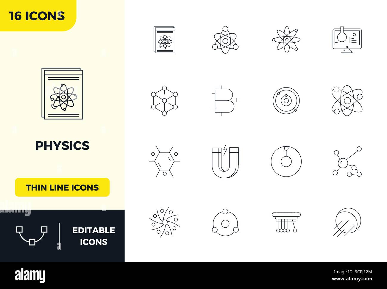 16 icone vettoriali perfette per PIXEL minimali DI linea per la fisica, disponibili in formato 128x128 per un'eccellenza visiva costante. Illustrazione Vettoriale