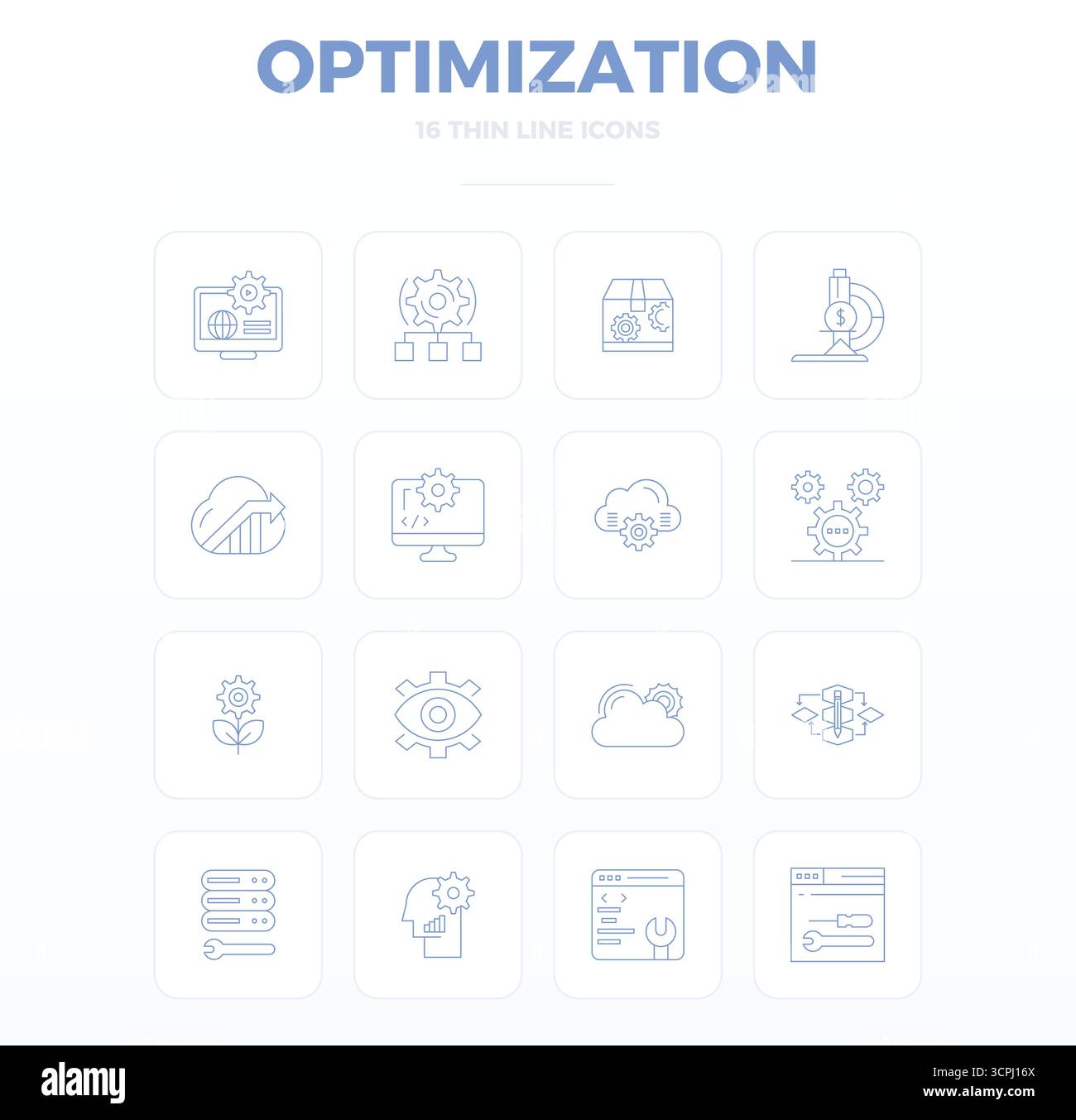 Pacchetto completo di 16 icone vettoriali incentrate sull'ottimizzazione, con design sottile in 128 x 128 PIXEL, qualità perfetta per le interfacce moderne. Illustrazione Vettoriale