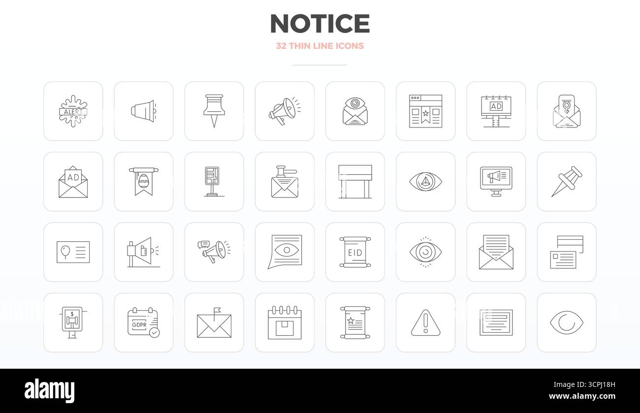 Icone vettoriali perfette CON 32 PIXEL sottili per la notifica, create con una risoluzione 128x128 per una straordinaria uniformità visiva su tutta la piattaforma Illustrazione Vettoriale