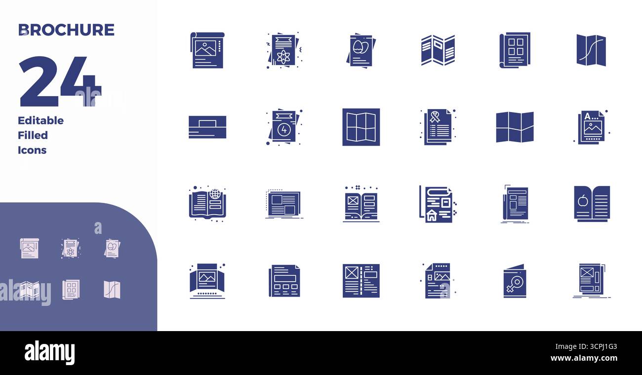 Trasforma i tuoi progetti con le icone vettoriali a 24 glifi ispirate alla brochure, progettate con risoluzione perfetta da 128x128 PIXEL per la massima chiarezza. Illustrazione Vettoriale