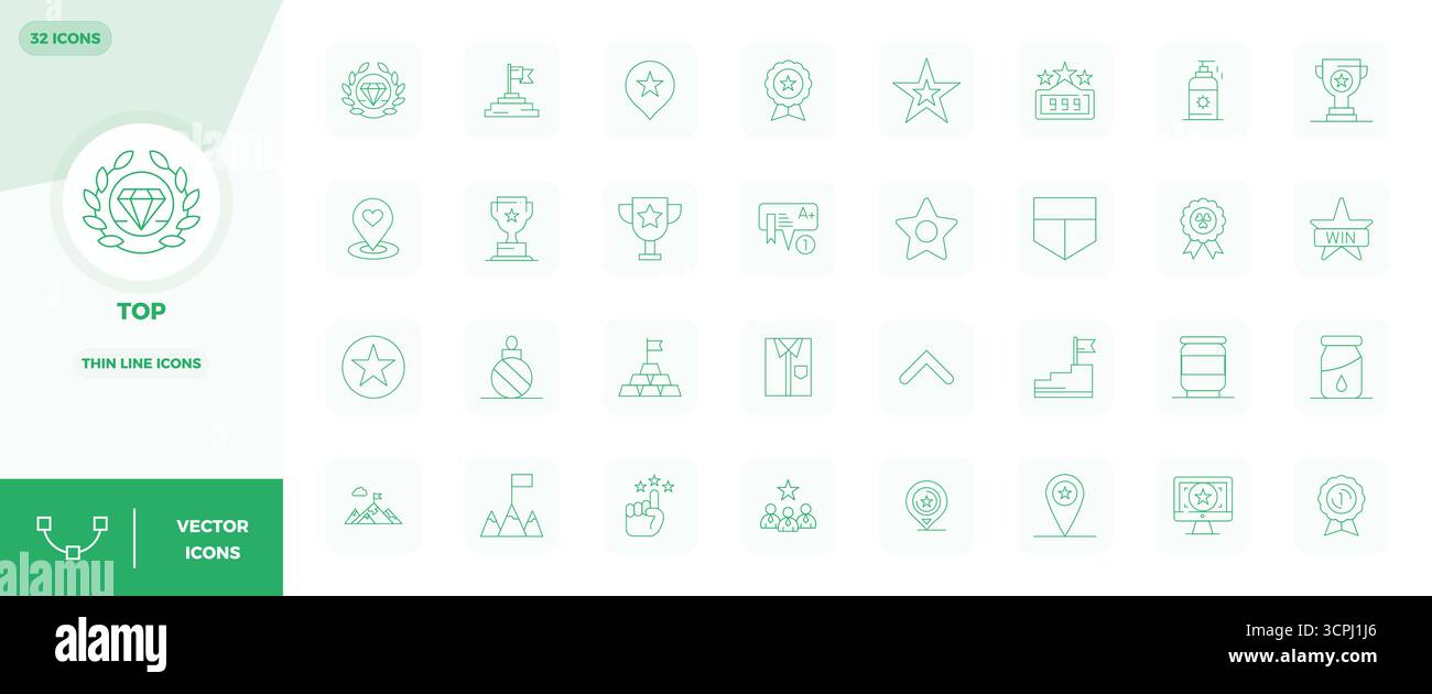 Collezione di 32 icone vettoriali che rappresentano l'estetica Top in Thin Line, ottimizzata con risoluzione perfetta di 128x128 PIXEL per il massimo impatto. Illustrazione Vettoriale