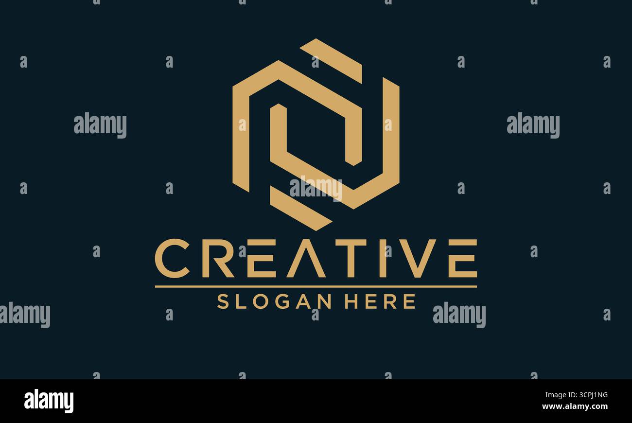 Un logo geometrico a sei lati in oro su sfondo blu navy. Questa grafica vettoriale è ideale per il branding moderno e le aziende Illustrazione Vettoriale