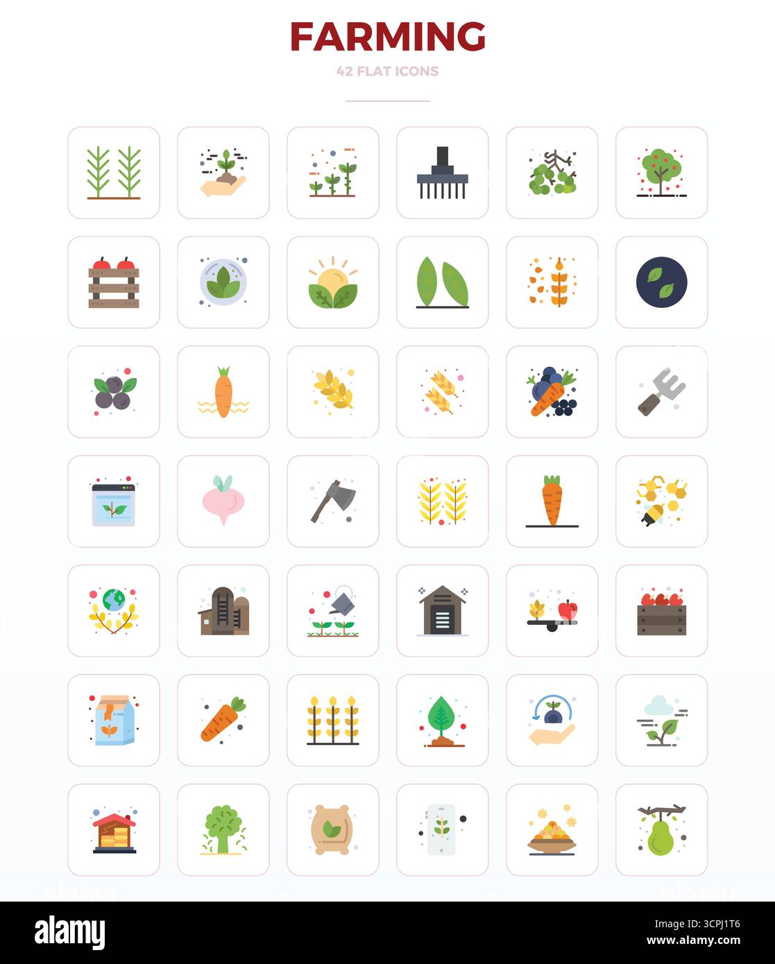 Pacchetto completo di 42 icone vettoriali incentrate sull'agricoltura, con design minimale piatto in 128 x 128 PIXEL qualità perfetta per le interfacce moderne. Illustrazione Vettoriale