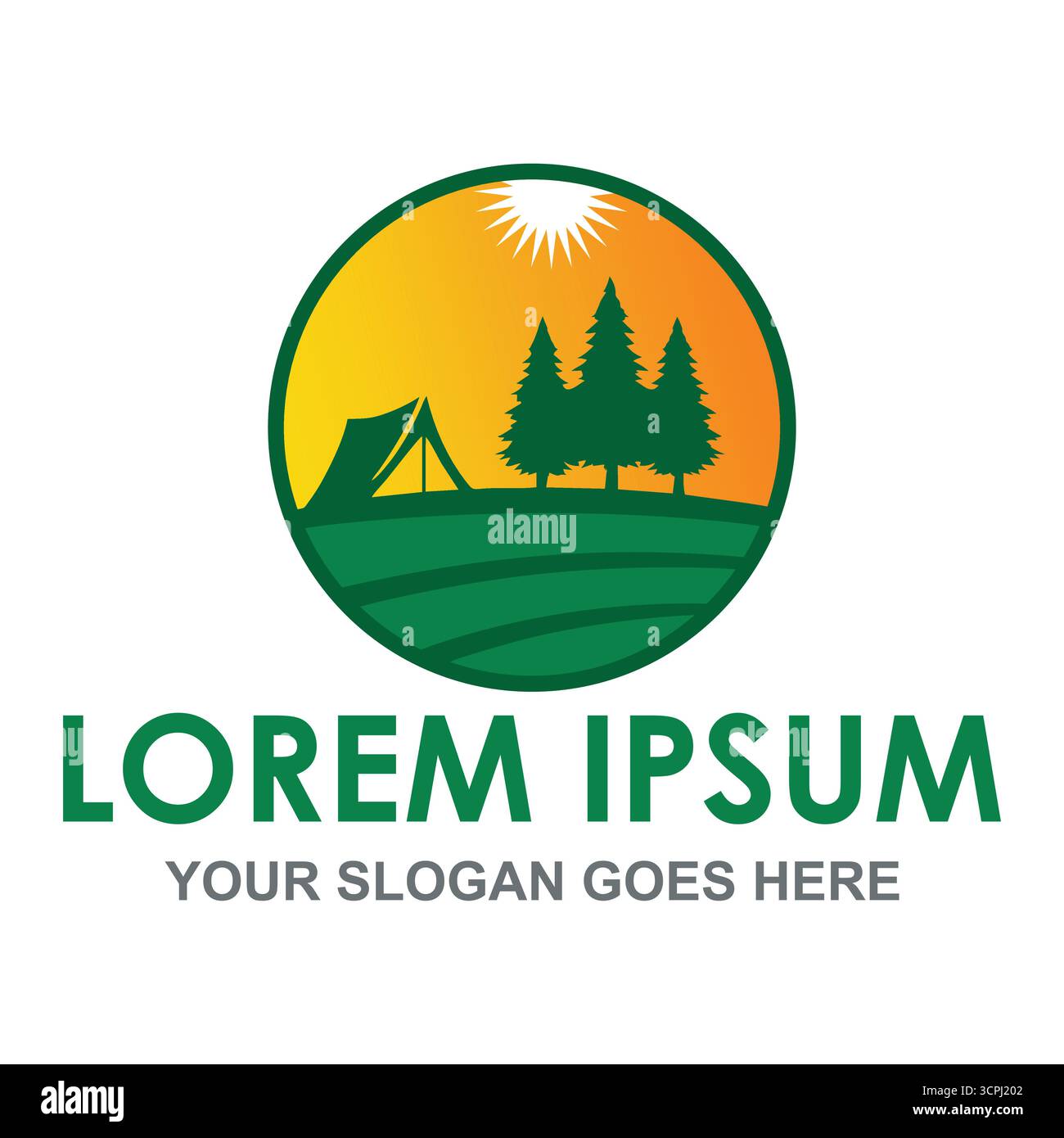 Logo Camping Adventure o modello con emblema. Illustrazione vettoriale di una tenda in un paesaggio di pineta con un sole per un parco all'aperto, viaggi o attività ricreative Illustrazione Vettoriale