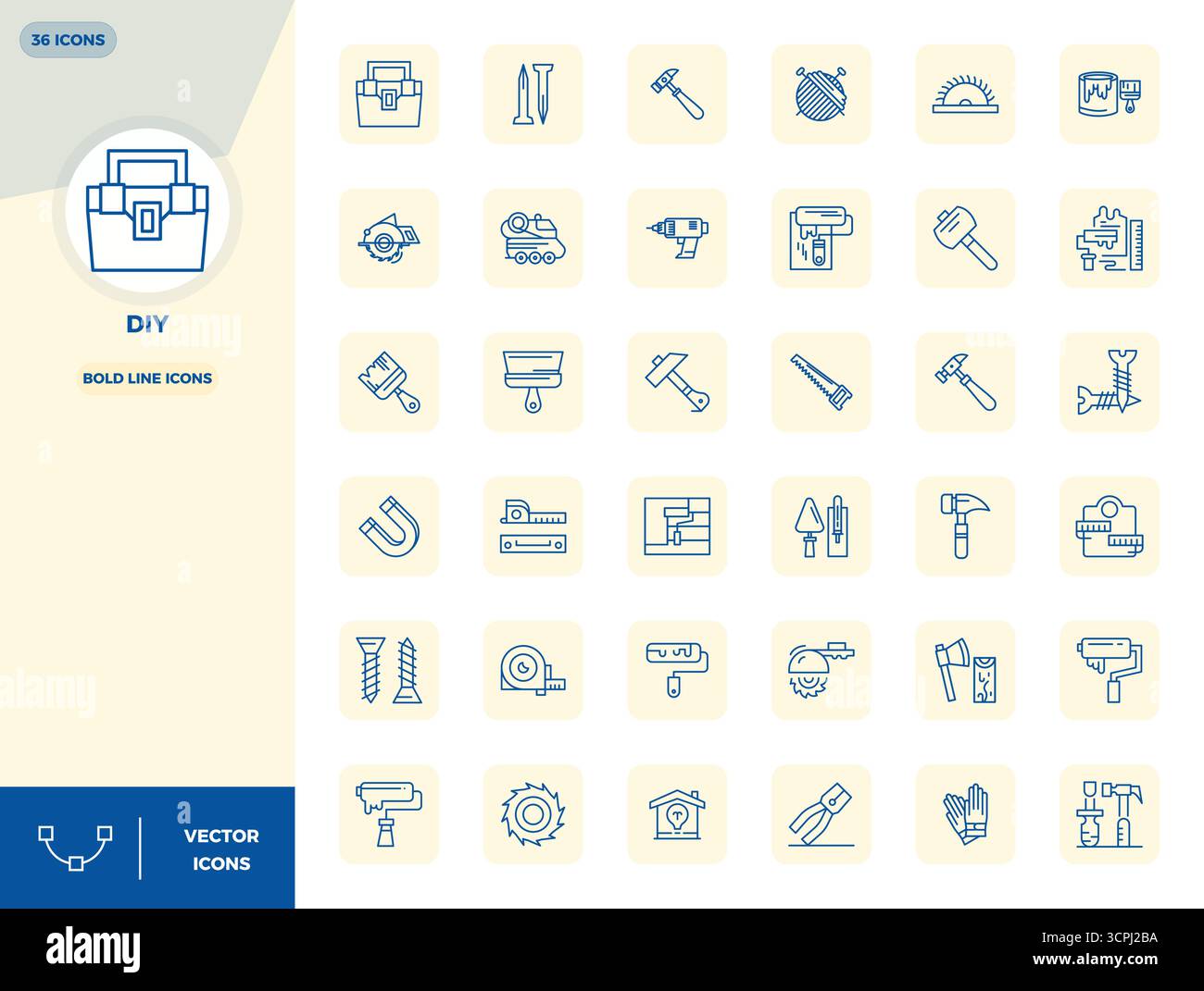 Raccolta avanzata di icone vettoriali perfette da 36 PIXEL ispirate al fai da te, realizzate in grassetto con ottimizzazione 128x128 per prestazioni visive superiori. Illustrazione Vettoriale