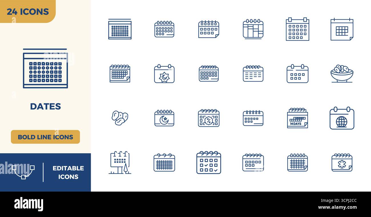 Raccolta ad alte prestazioni di 24 icone vettoriali Heavy Line per le date, progettata con risoluzione perfetta da 128x128 PIXEL per un'interfaccia utente ottimale Illustrazione Vettoriale