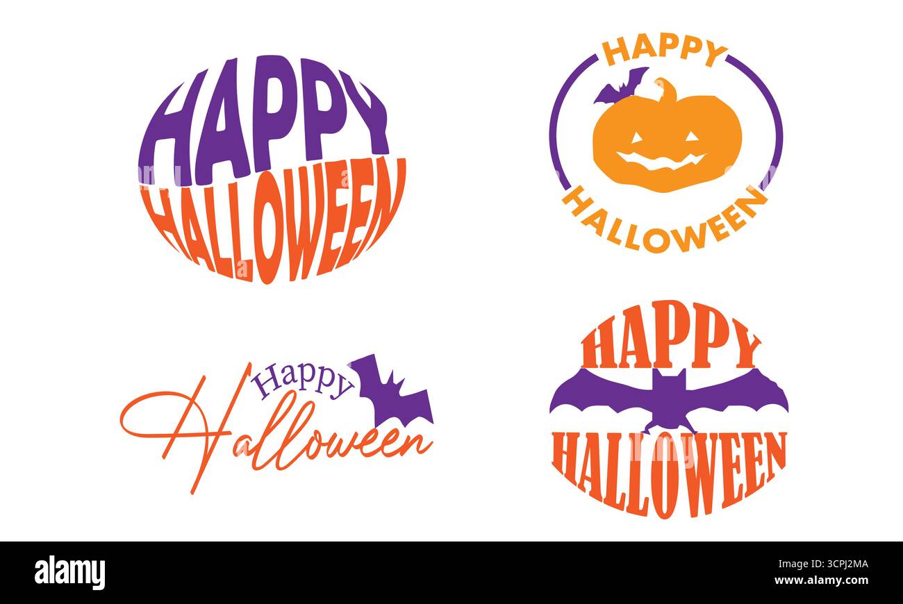 Design tipografico di Happy Halloween con zucca, pipistrelli e lettere spaventose, calligrafia horror per il 31 ottobre, festa con scherzi o scherzi, casa infestata dai fantasmi Illustrazione Vettoriale
