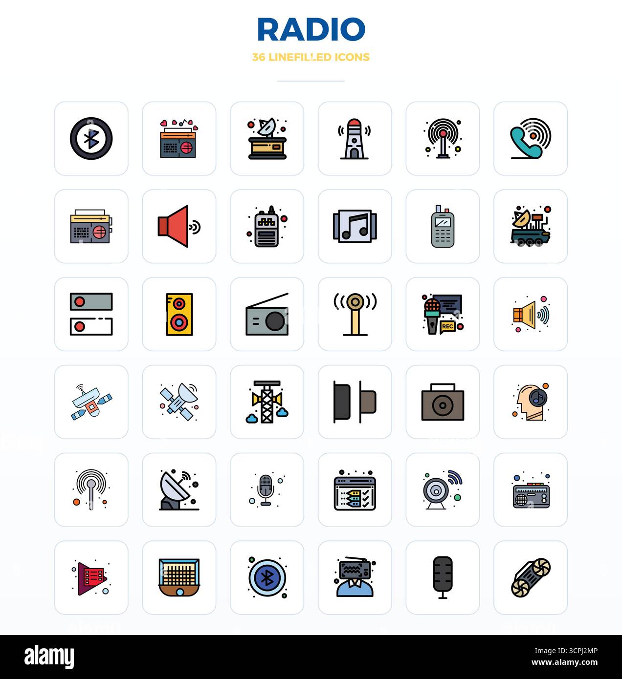 Set di 36 icone vettoriali LineFill PIXEL Perfect ispirate alla radio, realizzate con risoluzione 128x128 per una perfetta integrazione in app e siti Web. Illustrazione Vettoriale