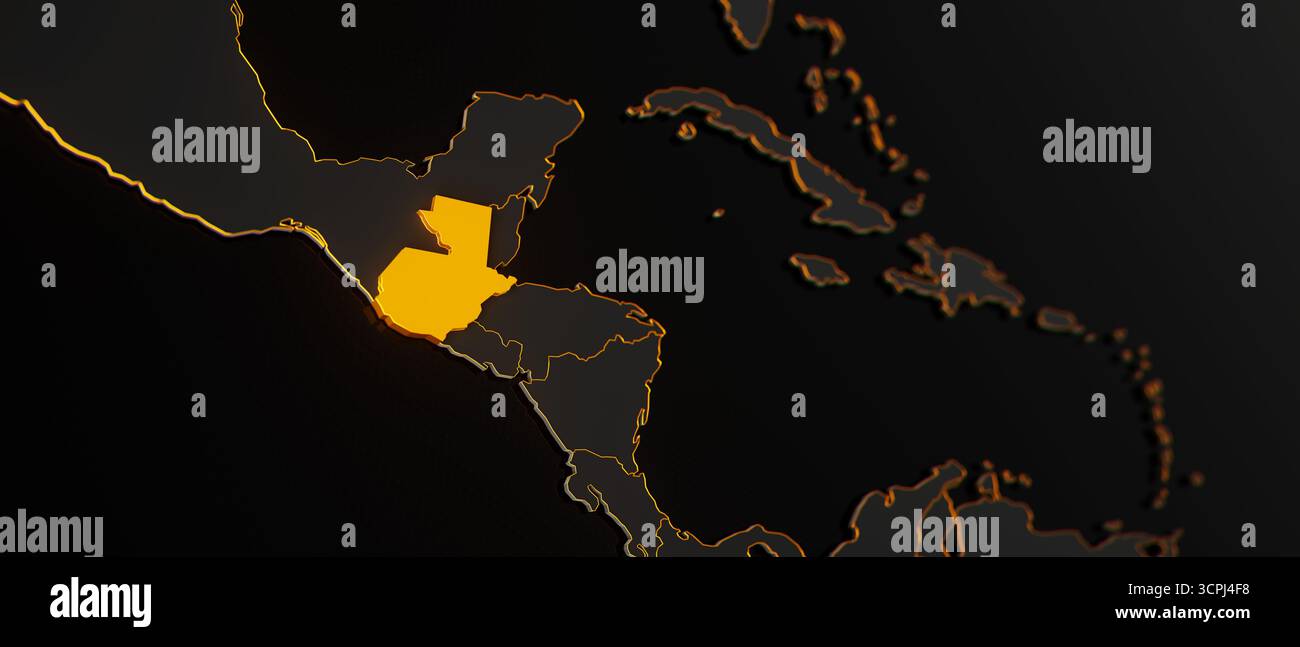 Mappa Golden Guatemala 3d circondata con altri paesi in nero con bordi dorati e dof poco profondi. Mappa politica dell'America centrale con confini Foto Stock