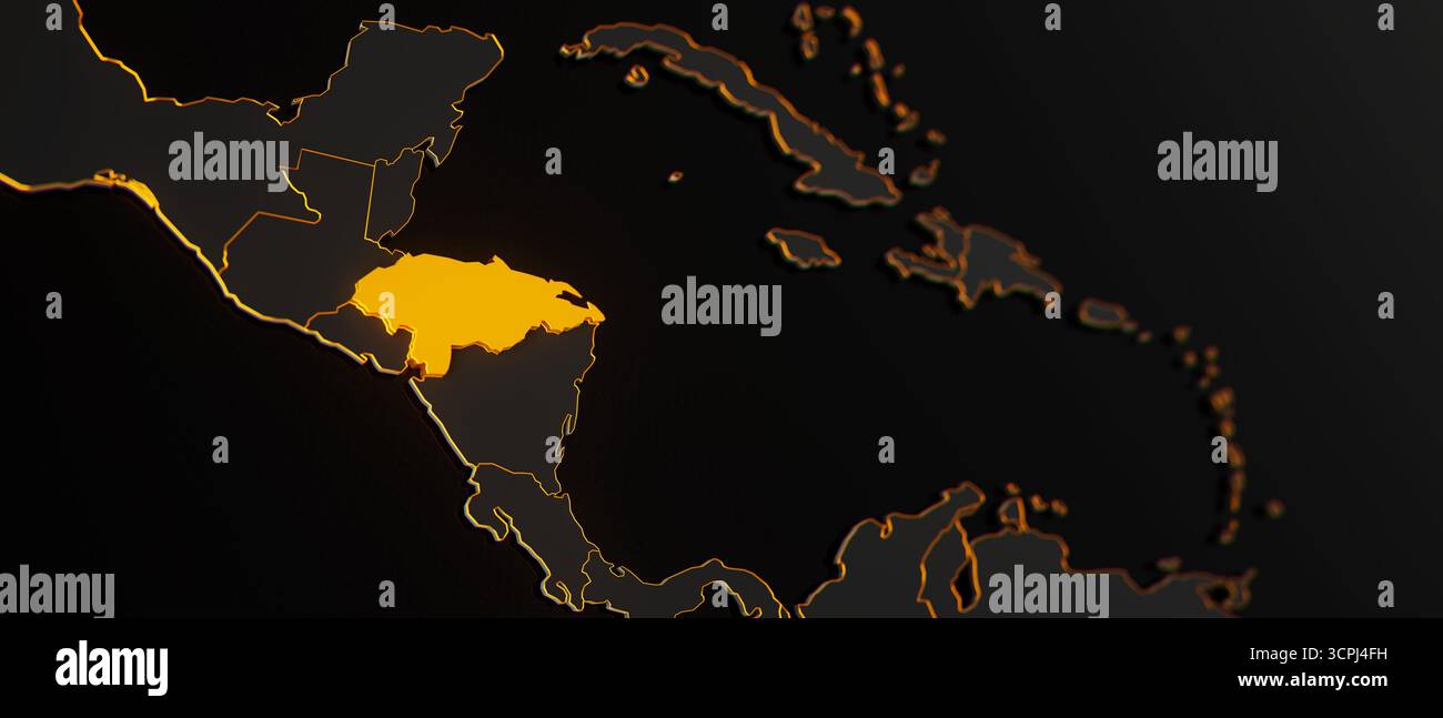 Mappa 3d dell'Honduras dorata circondata da altri paesi in nero con bordi dorati e dof poco profondo. Mappa politica dell'America centrale con confini Foto Stock