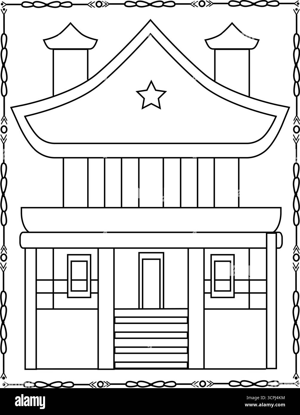 Tradizionale casa giapponese con tetto piastrellato e struttura in legno adagiata in un ambiente tranquillo. Pagina da colorare per bambini e adulti. Illustrazione Vettoriale