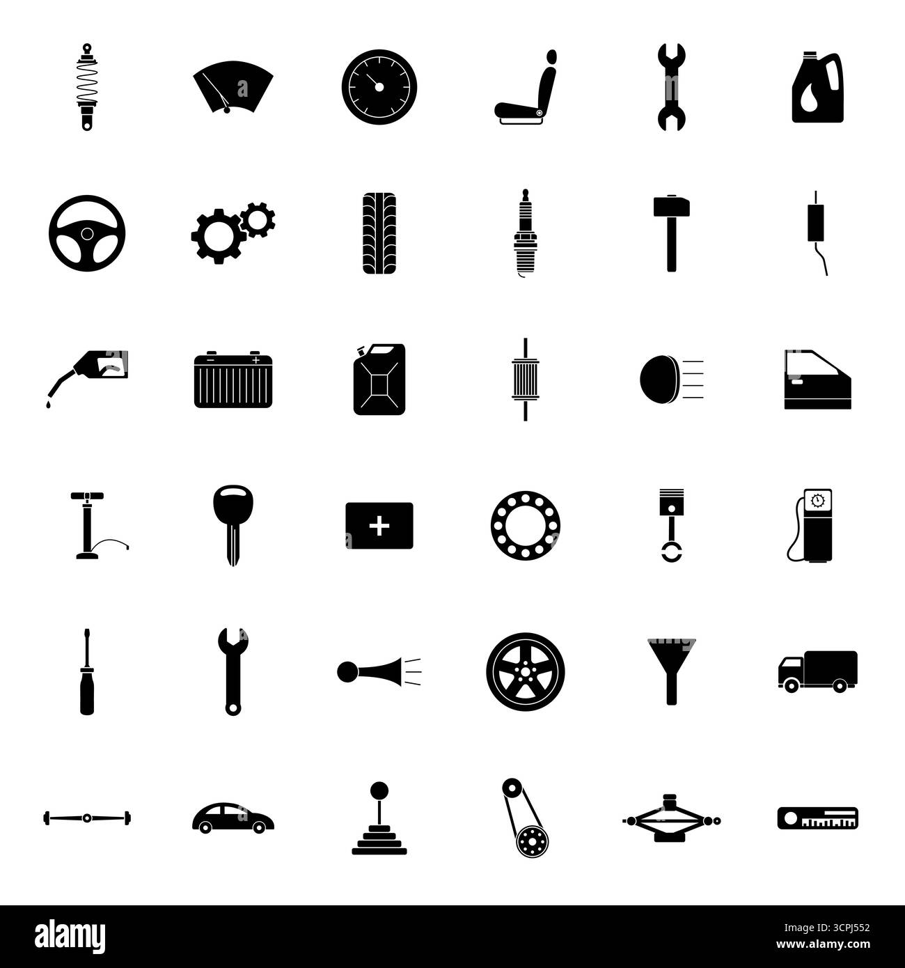 Set icone di servizio veicolo vettoriale. Simboli ricambi auto, strumenti di riparazione veicoli, elementi di manutenzione dell'automobile, ruota dentata motore ruota motrice batteria pneumatico carburante Illustrazione Vettoriale
