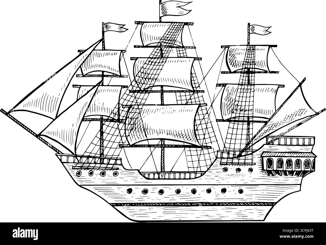 Una vecchia nave con le vele. Grafica in bianco e nero, illustrazioni vettoriali disegnate a mano. Per giochi e feste per bambini. Per gli adesivi, l'invito Illustrazione Vettoriale