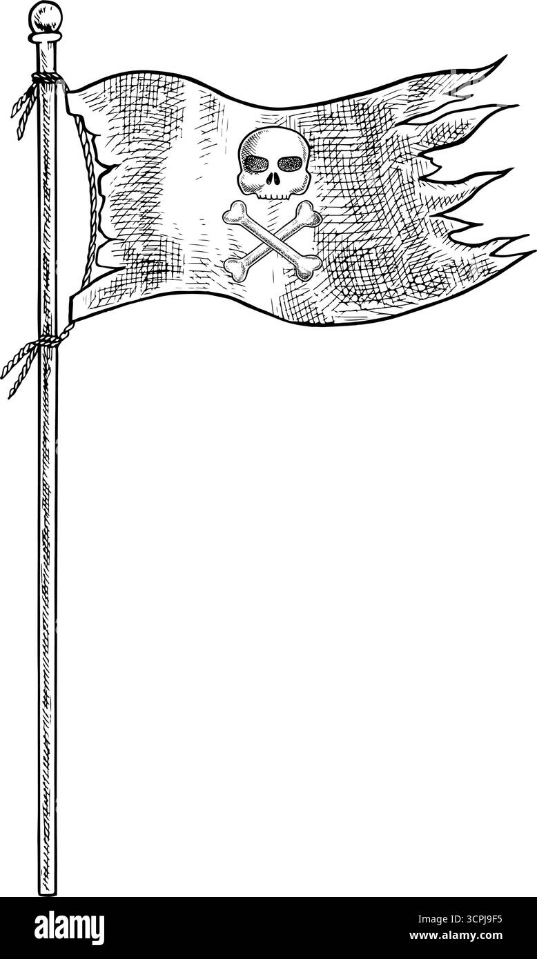 Una vecchia bandiera dei pirati lacerata. Grafica in bianco e nero, illustrazioni vettoriali disegnate a mano. Per giochi e feste per bambini. Per gli adesivi, l'invito Illustrazione Vettoriale