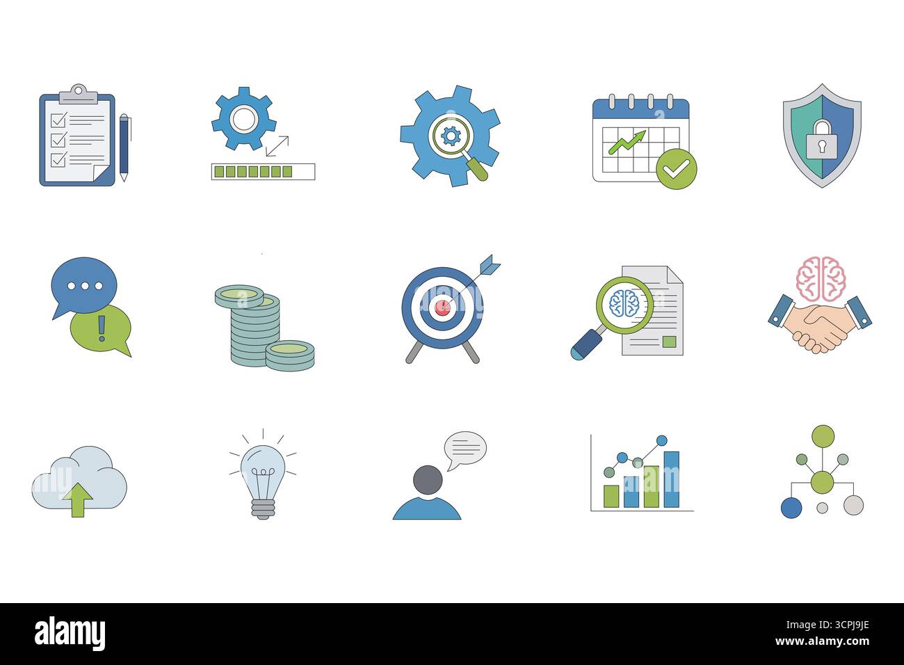Icone della strategia aziendale pianificazione, obiettivo, finanza, crescita, lavoro di squadra, report, grafico, ottimizzazione, processo, successo su sfondo bianco. Illustrazione Vettoriale