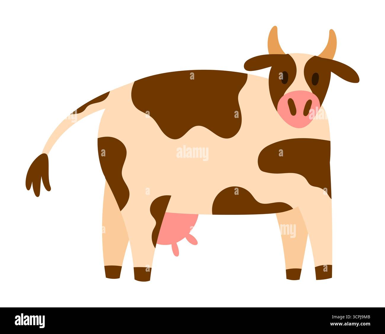 Vacca da latte maculata giocherellona con coda curva in piedi con calma, semplice stile piatto, isolata sul bianco. Ideale per aziende agricole, latte e progetti per bambini Illustrazione Vettoriale