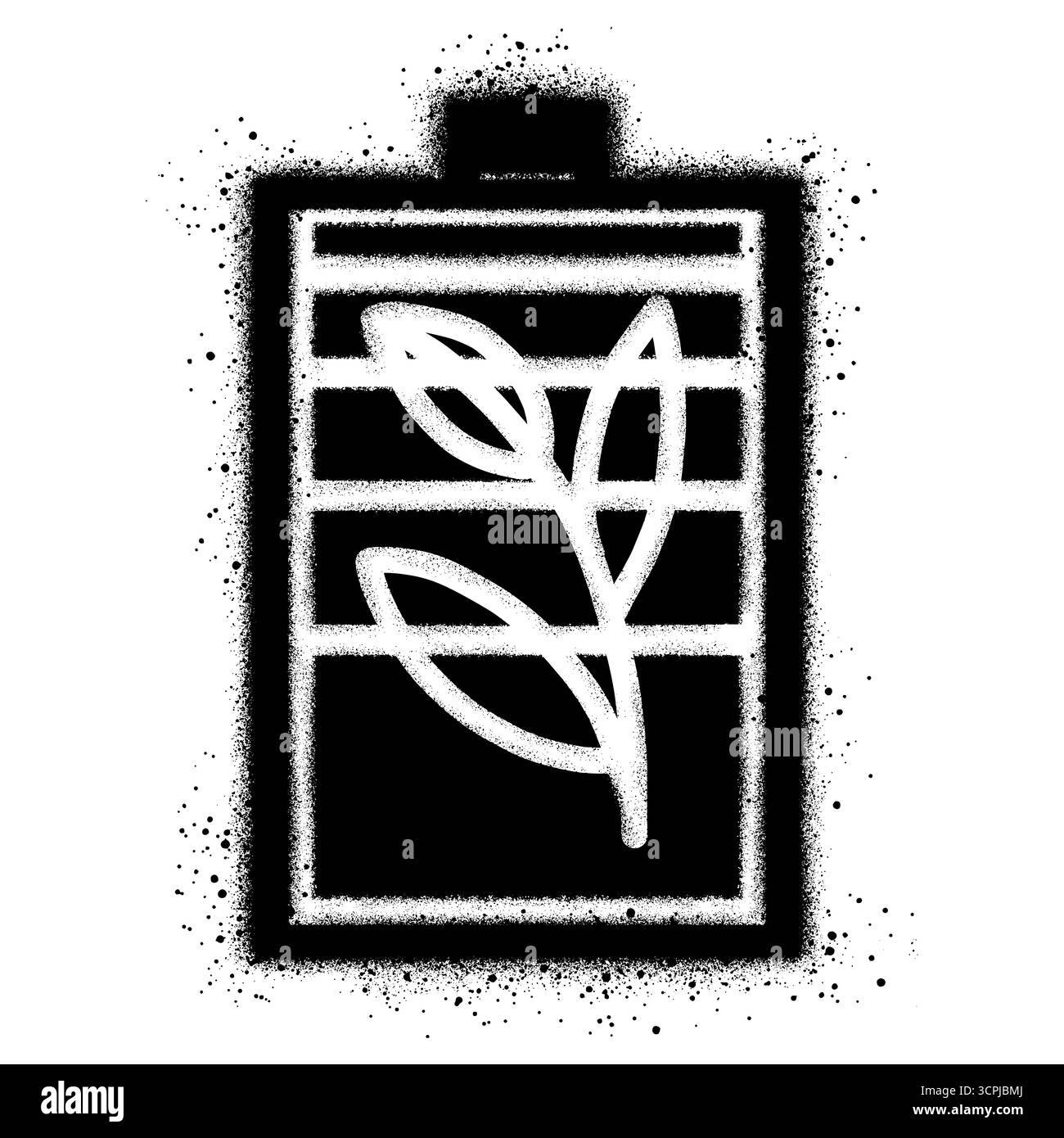 Icona a batteria Eco in stile graffiti con vernice spray nera. Illustrazione Vettoriale