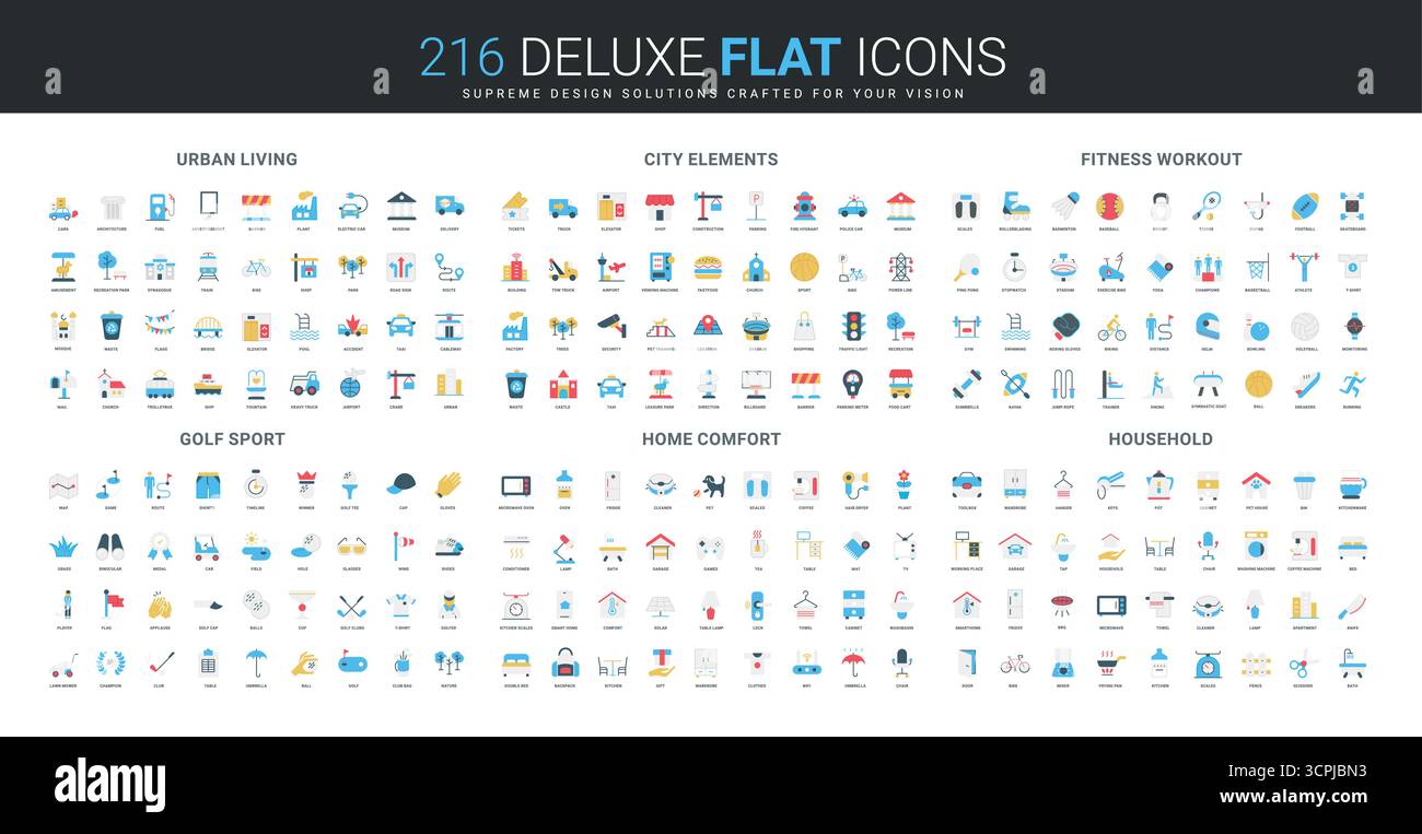Collezione di icone in stile piatto che coprono la vita urbana, le infrastrutture cittadine, le attività fitness, lo sport del golf, il comfort domestico, ed elementi essenziali per la casa illustrazione vettoriale isolata Illustrazione Vettoriale