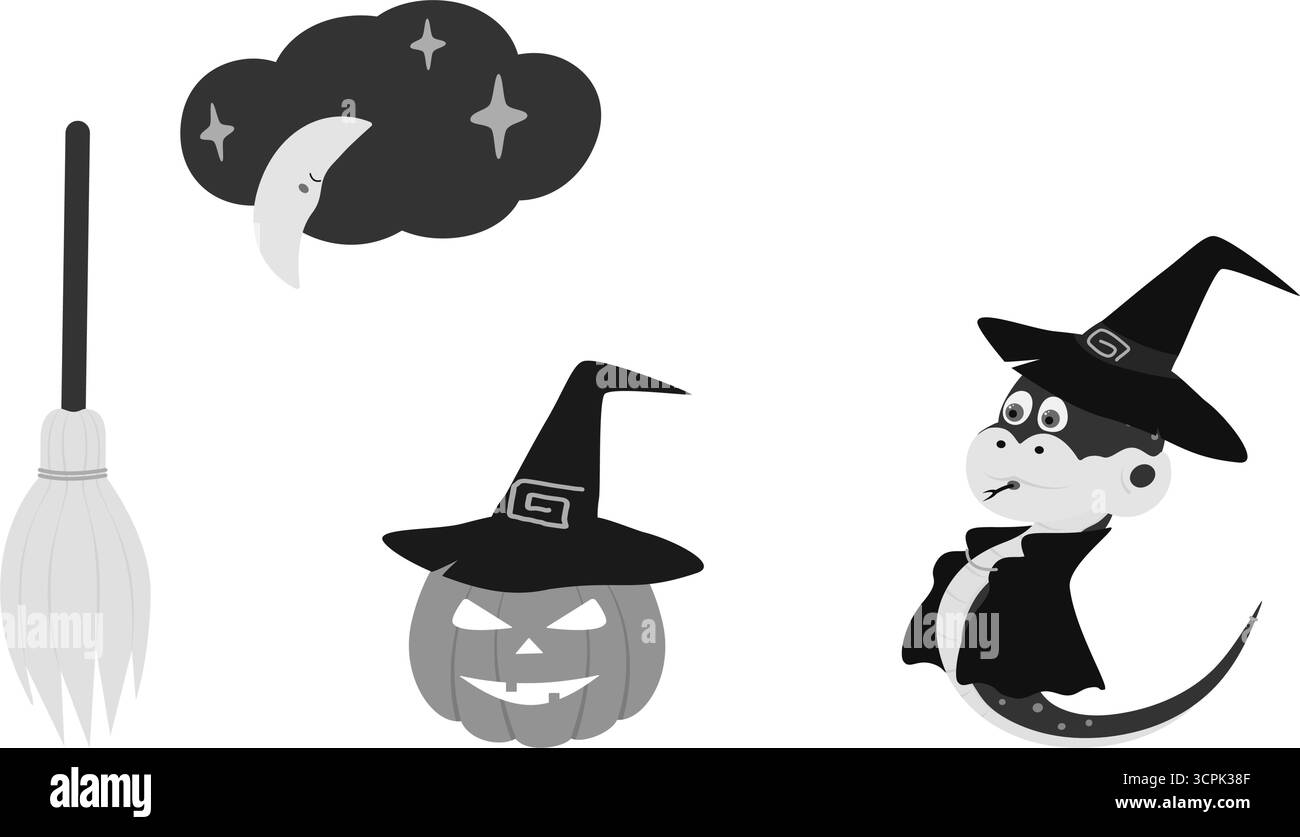 Serpente in cappello da strega e Cloak Halloween Pumpkin Broom e crescent on cloud pacchetto di elementi di Halloween. Illustrazioni vettoriali isolate biglietto d'auguri di Halloween biglietti a tema Festa, banner, opuscoli, etichetta Illustrazione Vettoriale