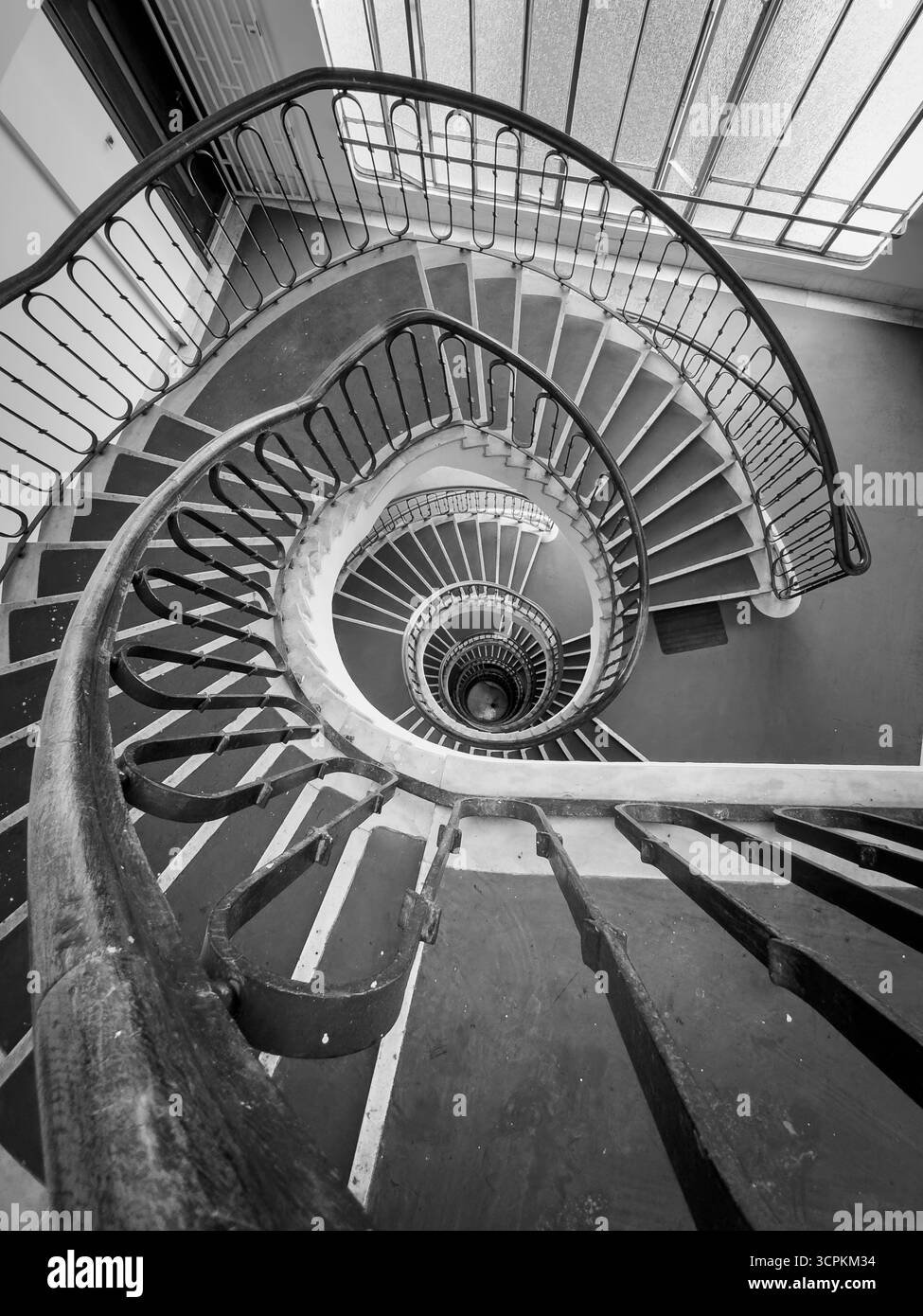 Vista aerea scala a chiocciola monocromatica mostra ringhiere a spirale nucleo centrale che trasmette mistero del movimento ed eleganza architettonica, perfetto per temi artistici di design per la fotografia di interni Foto Stock