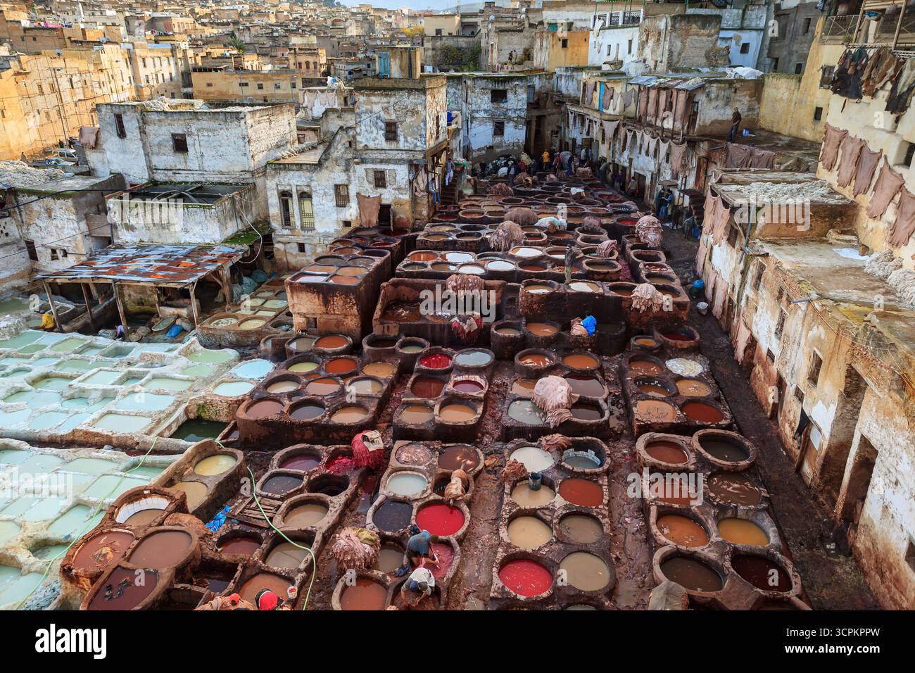 Uno scatto ad alto angolo cattura le concerie Chouara a Fez, in Marocco, dove i lavoratori tingono la pelle in una serie di vasi di pietra pieni di liquidi colorati, circondati dall'architettura della città. Foto Stock