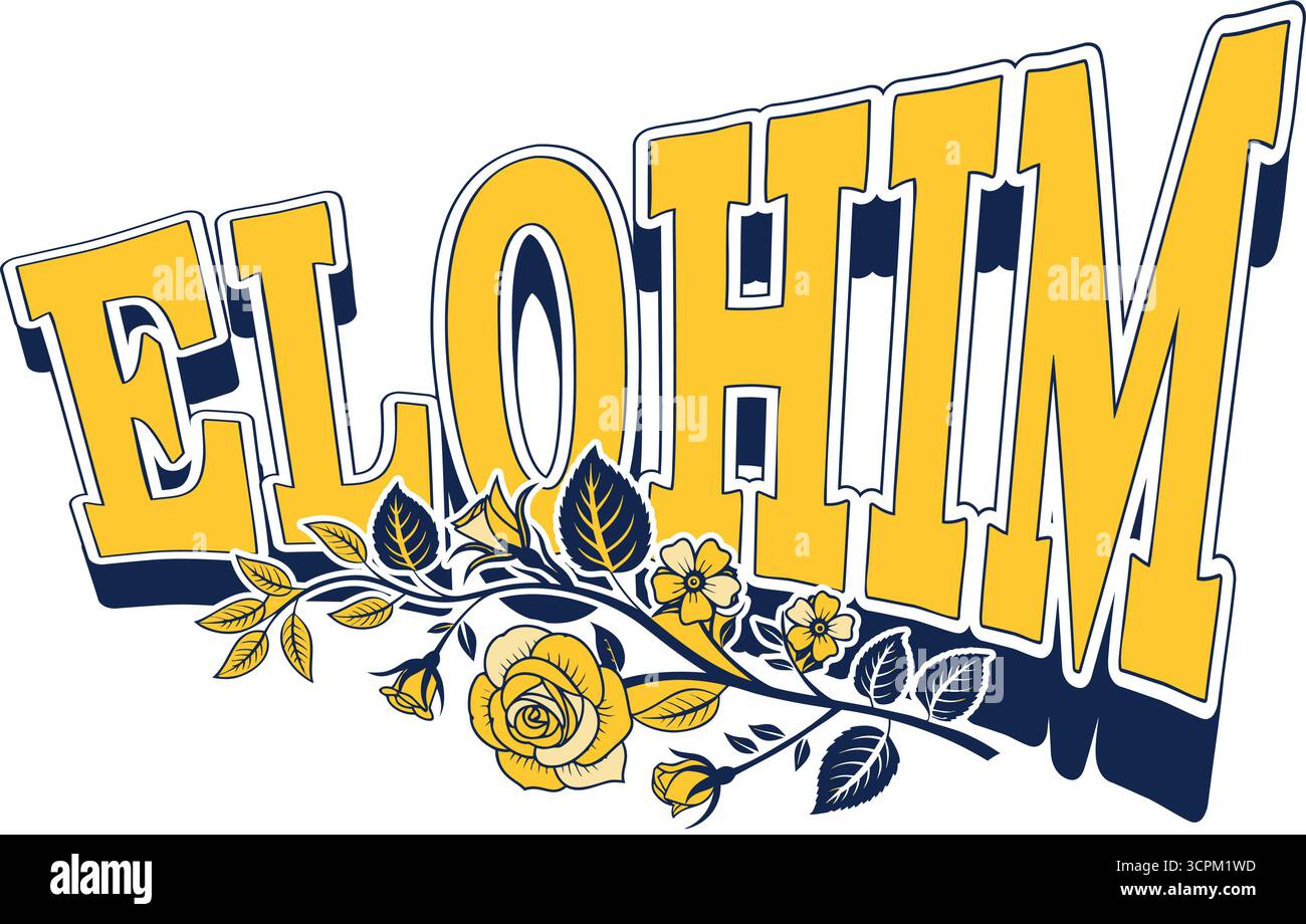Elohim Yellow Typography Art con motivo floreale giallo e accenti blu Illustrazione Vettoriale