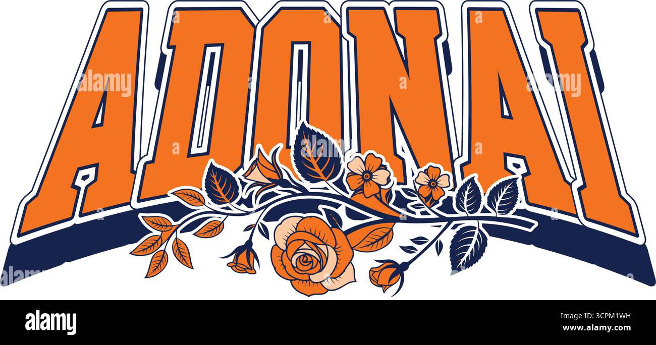 Adonai Word Art in grassetto arancione Varsity font con decorazione floreale arancione Illustrazione Vettoriale