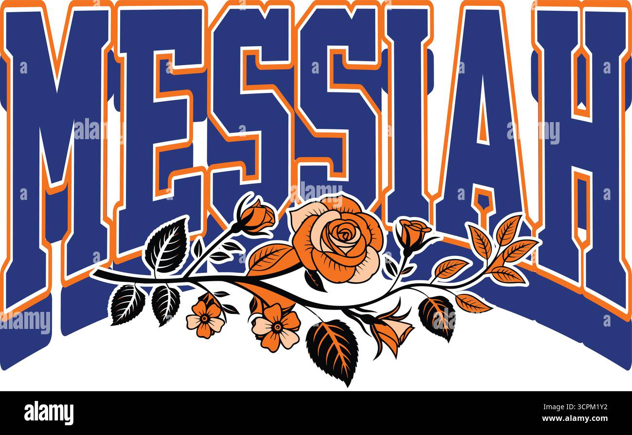 Illustrazione tipografica Messiah con elementi rosa floreale arancione in stile Varsity Illustrazione Vettoriale